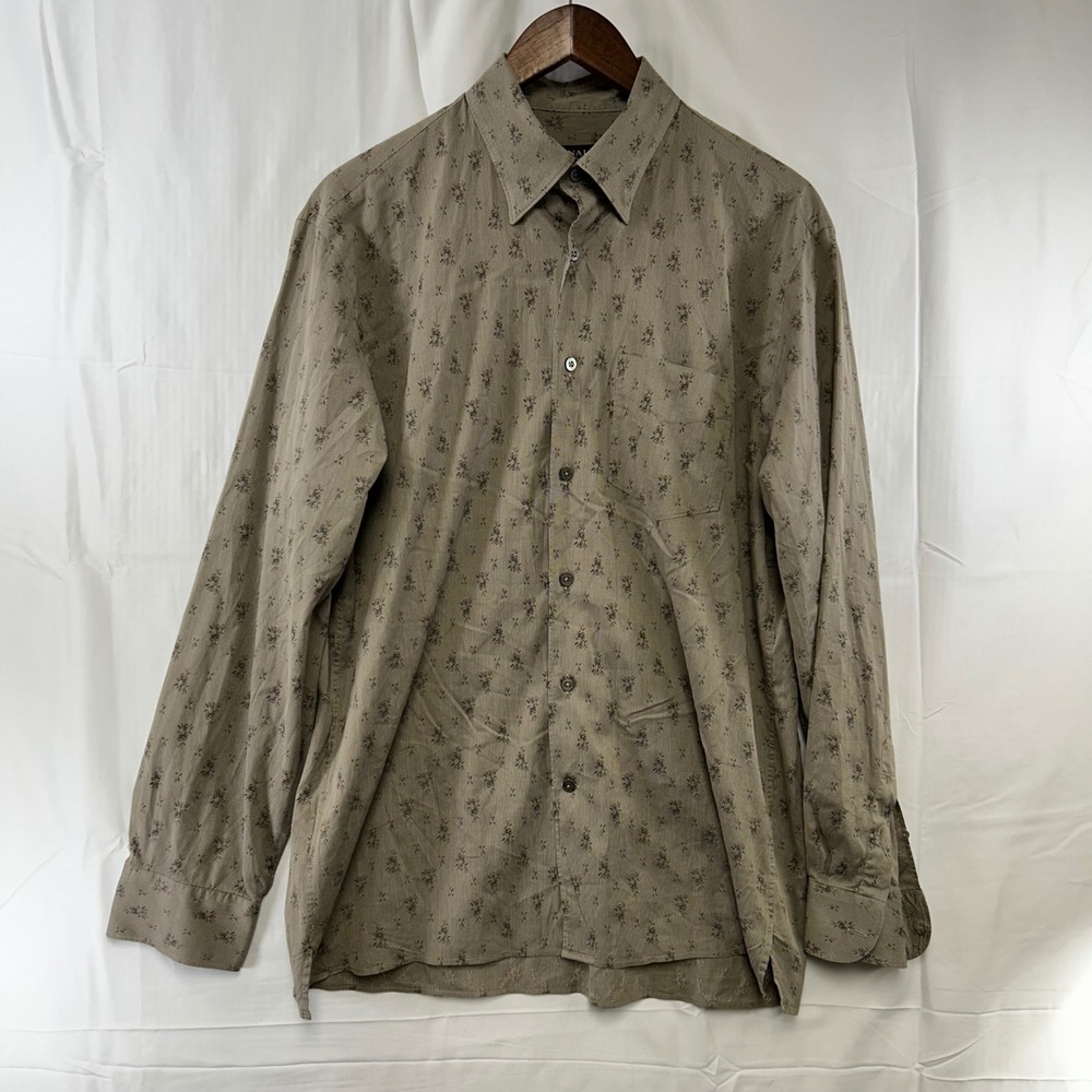 Canali Button Down Shirt Mens Large Taupe Floral Micro-Print Made in Italy‎